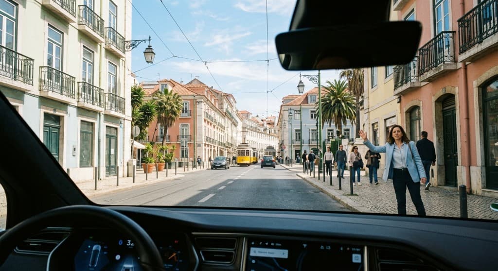 Driver's-eye view of a city street: a pedestrian hailing from the curb, a tram ahead