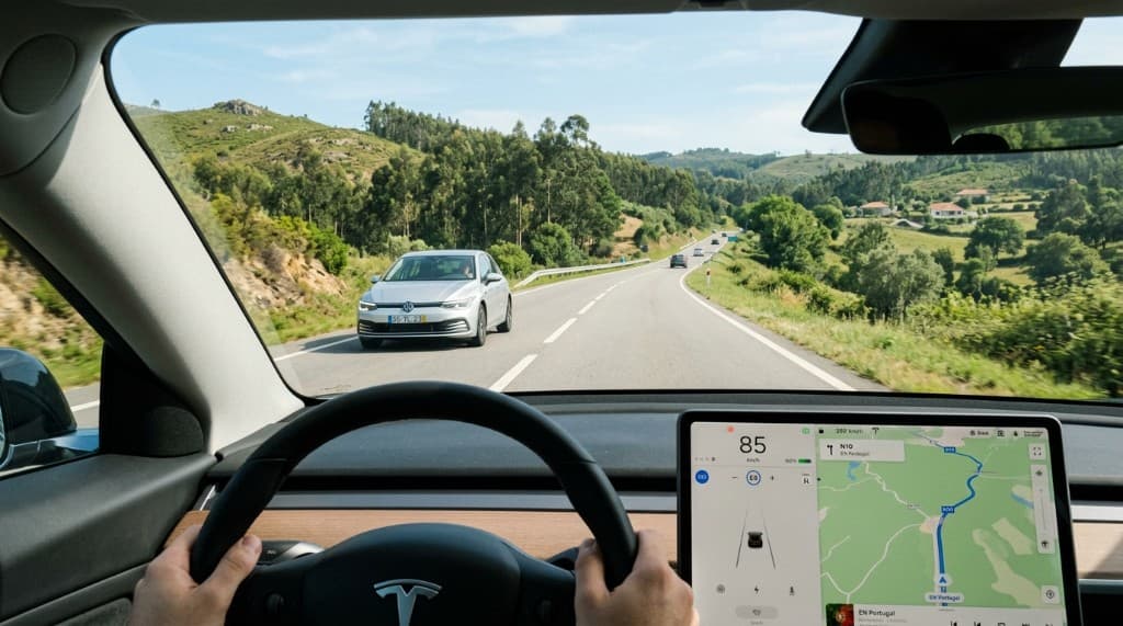 Driver's-eye view of a two-lane rural road with an oncoming car
